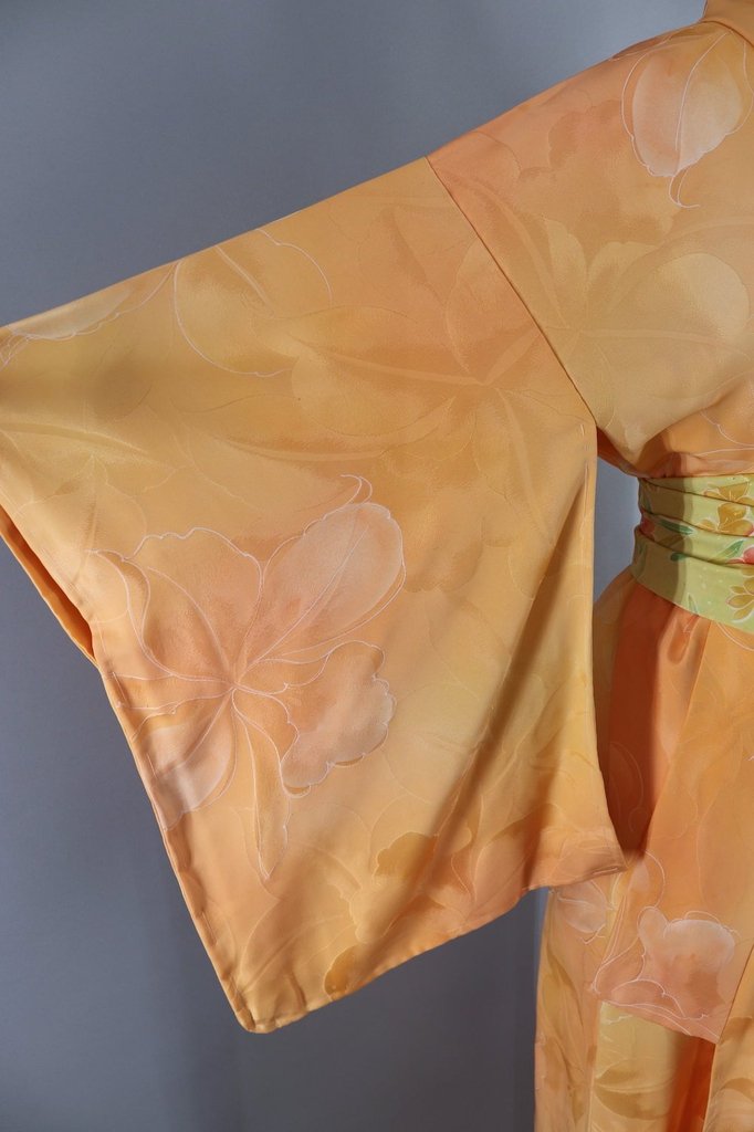 Vintage Silk Kimono Robe / Orange Ombre Orchid Floral - ThisBlueBird