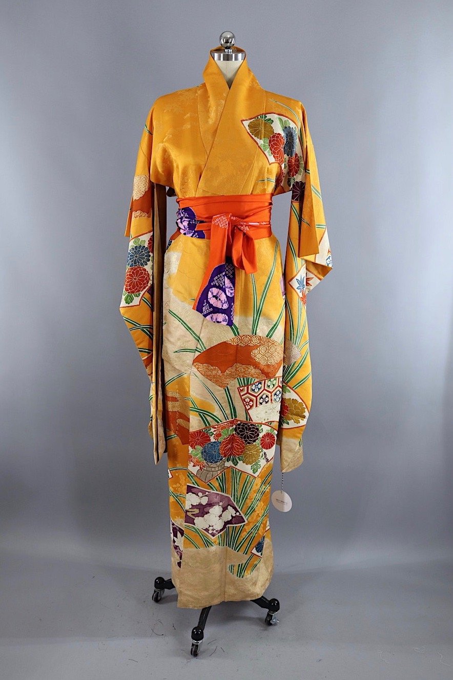 Vintage Silk Kimono Robe / Orange & Purple Floral - ThisBlueBird