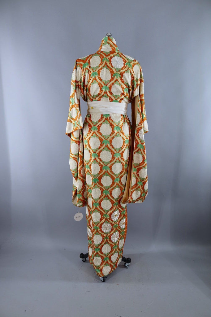 Vintage Silk Kimono Robe / Orange & White Embroidered Floral - ThisBlueBird