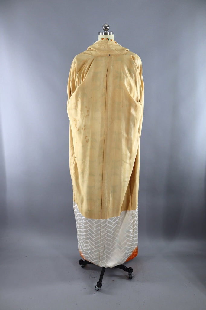 Vintage Silk Kimono Robe / Orange & White Embroidered Floral - ThisBlueBird