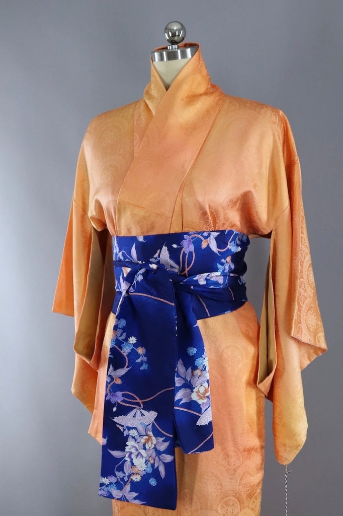 Vintage Silk Kimono Robe / Orange Yellow Ombre Satin - ThisBlueBird