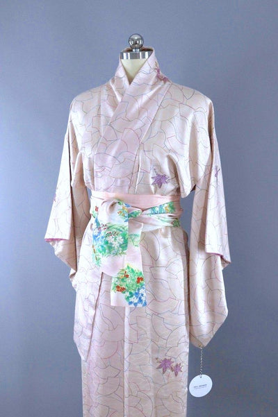 Vintage Silk Kimono Robe / Orchid Pink Embroidered Maple Leaves-ThisBlueBird