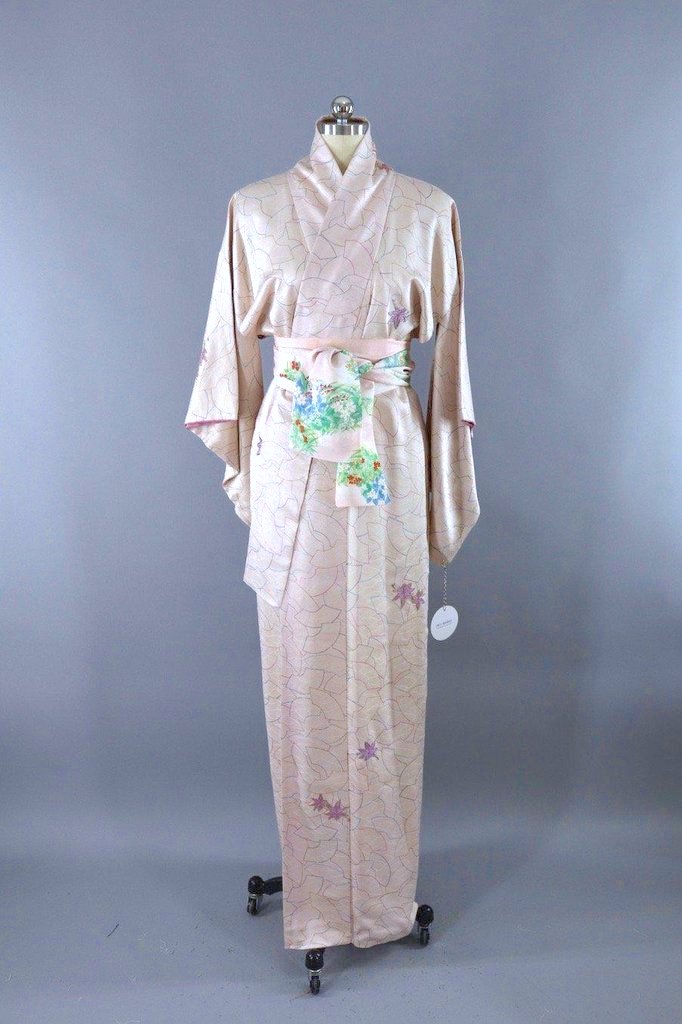 Vintage Silk Kimono Robe / Orchid Pink Embroidered Maple Leaves-ThisBlueBird