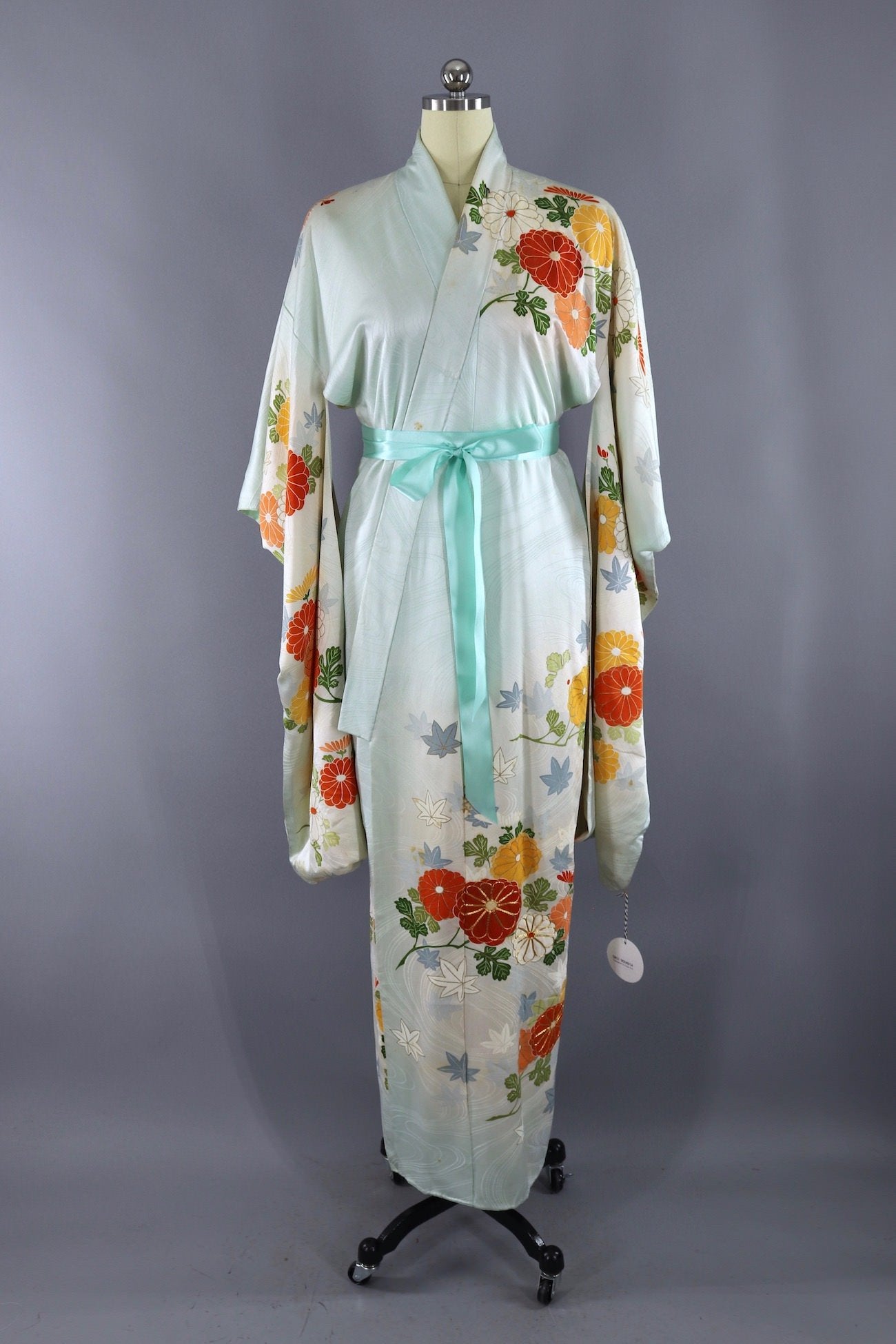 Vintage Silk Kimono Robe / Pale Blue and Orange Floral - ThisBlueBird