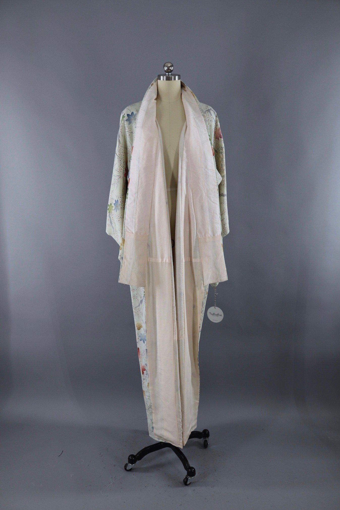Vintage Silk Kimono Robe / Pale Blue Cherry Blossom Print - ThisBlueBird