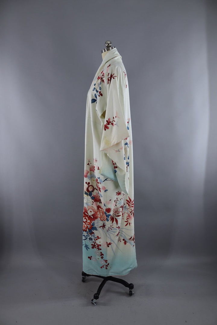 Vintage Silk Kimono Robe / Pale Blue Floral - ThisBlueBird