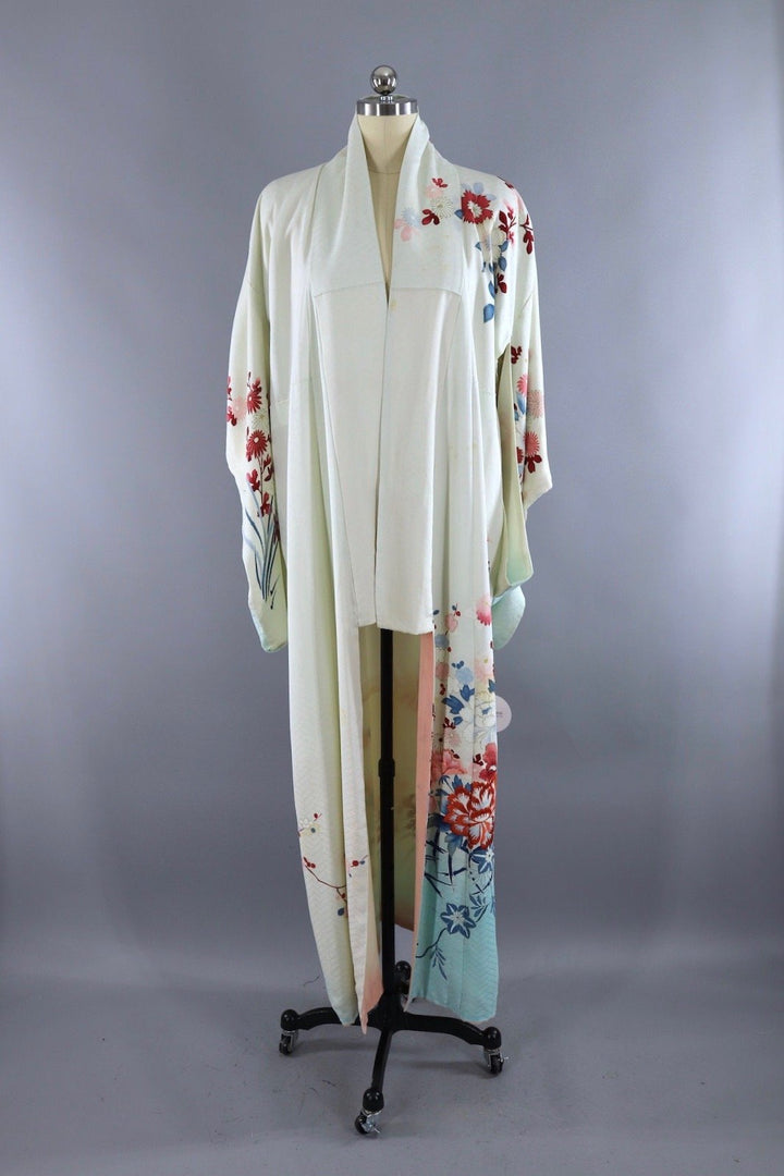 Vintage Silk Kimono Robe / Pale Blue Floral - ThisBlueBird