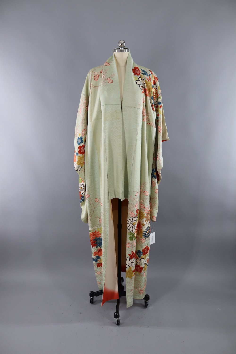 Vintage Silk Kimono Robe / Pale Green & Floral Print with Gold Embroid ...