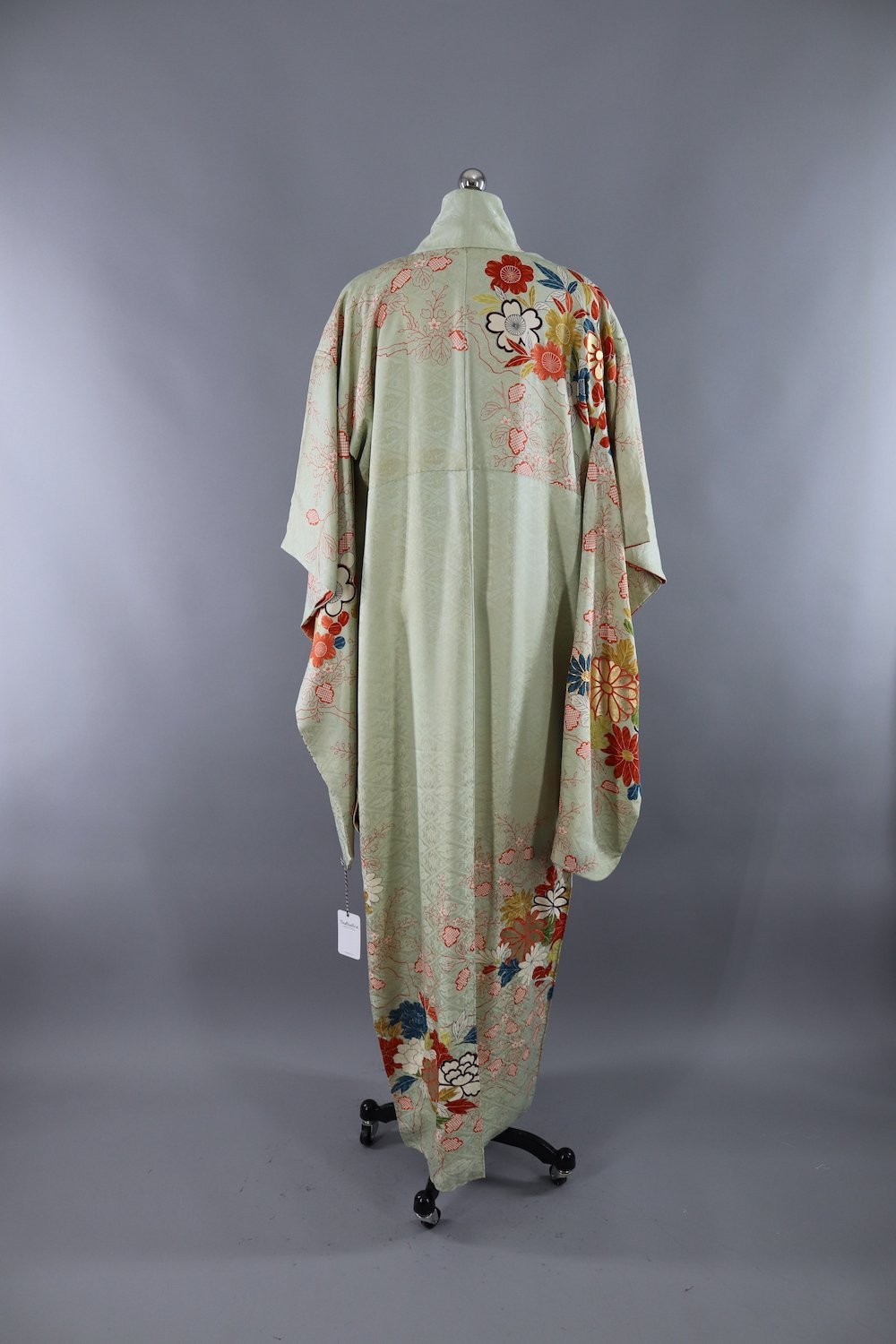 Vintage Silk Kimono Robe / Pale Green & Floral Print with Gold Embroidery - ThisBlueBird