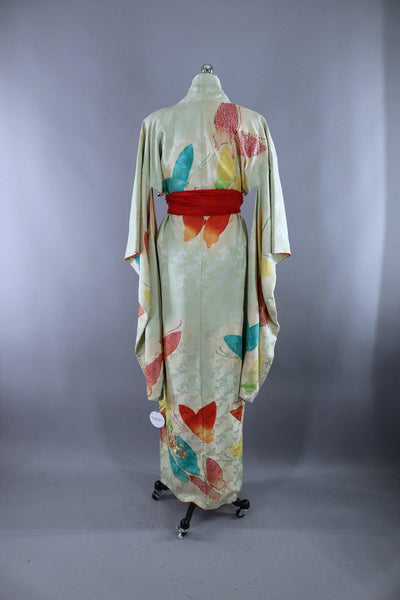 Vintage Silk Kimono Robe / Pale Green Giant Butterflies - ThisBlueBird