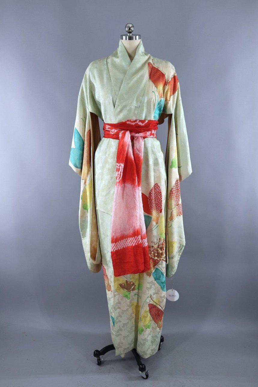 Vintage Silk Kimono Robe / Pale Green Giant Butterflies - ThisBlueBird
