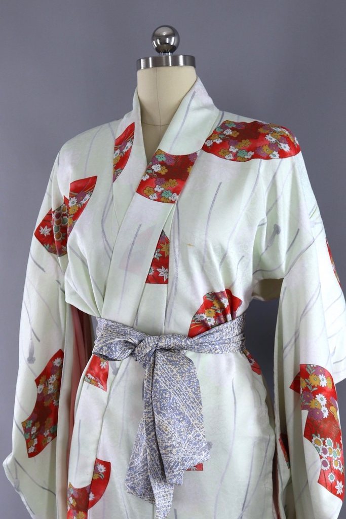 Vintage Silk Kimono Robe / Pastel Green and Red Fans - ThisBlueBird