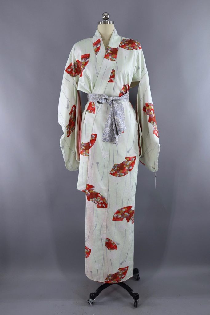 Vintage Silk Kimono Robe / Pastel Green and Red Fans - ThisBlueBird
