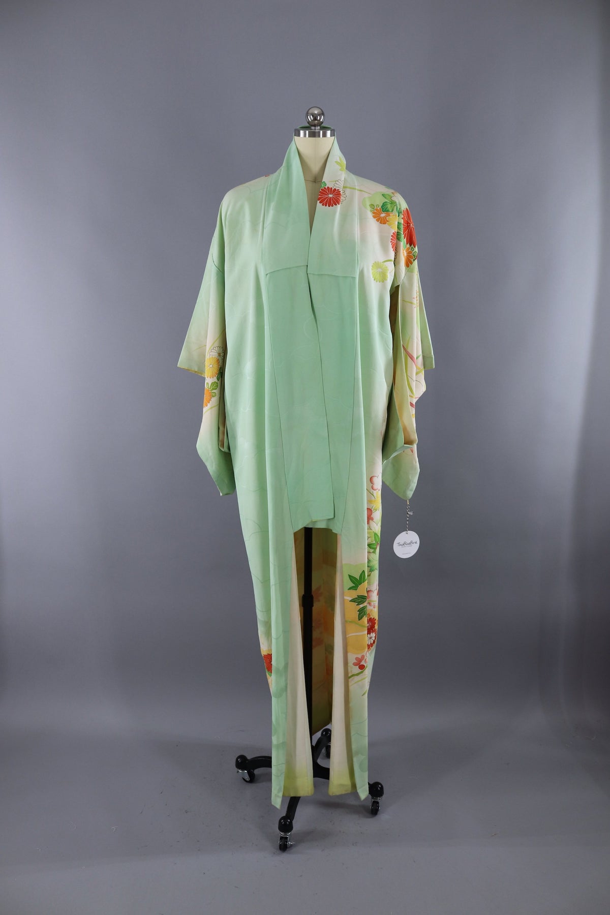 Vintage Silk Kimono Robe / Pastel Green & Orange Floral Print ...