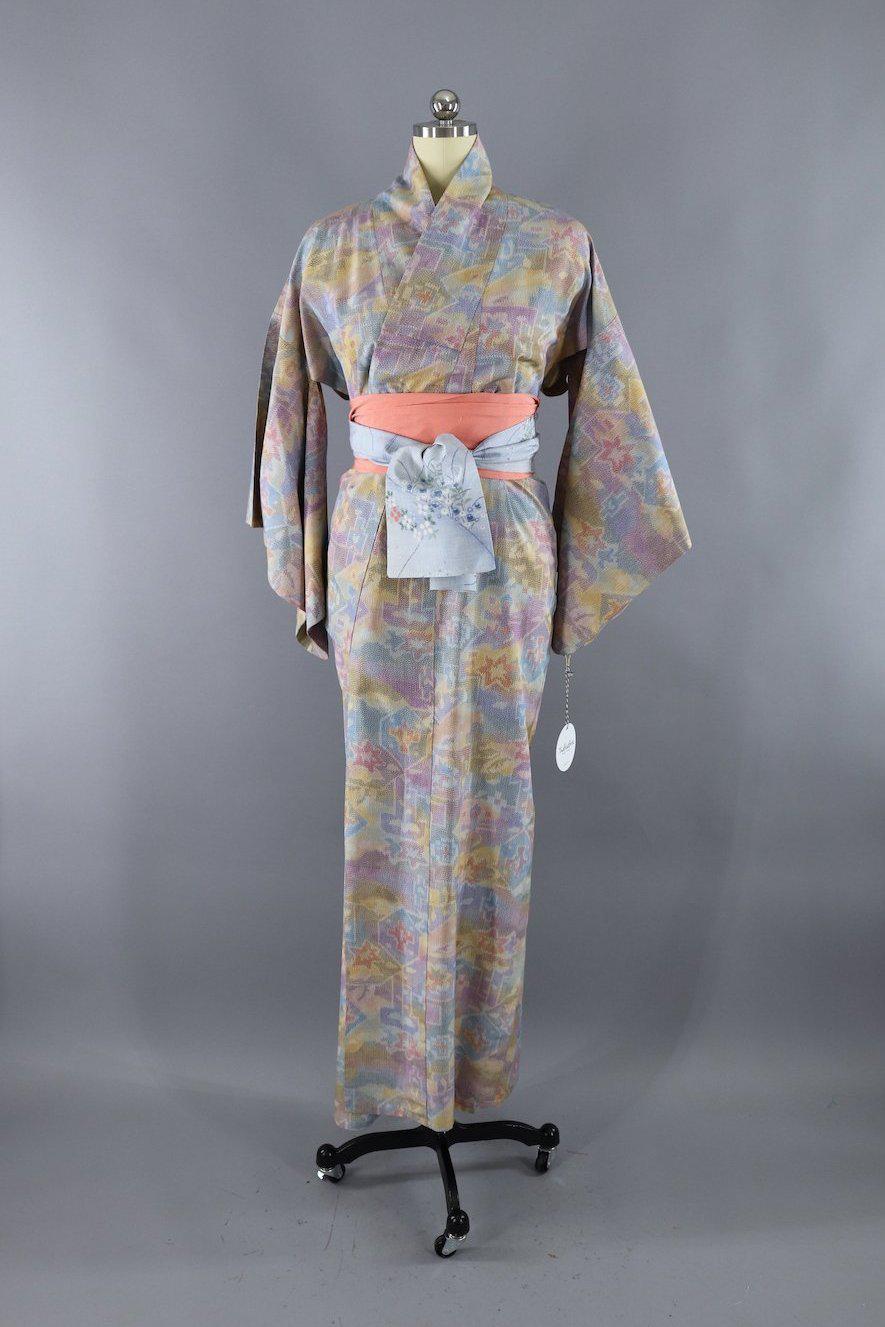 Vintage Silk Kimono Robe / Pastel Ikat - ThisBlueBird