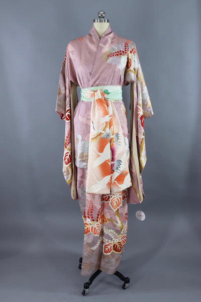 Vintage Silk Kimono Robe / Pastel Orchid and Silver Floral - ThisBlueBird