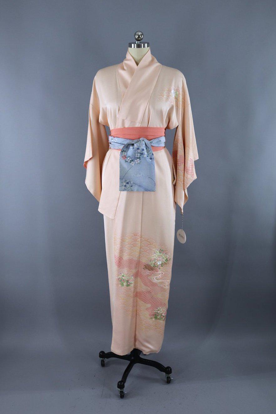 Vintage Silk Kimono Robe / Peach Embroidered Floral - ThisBlueBird