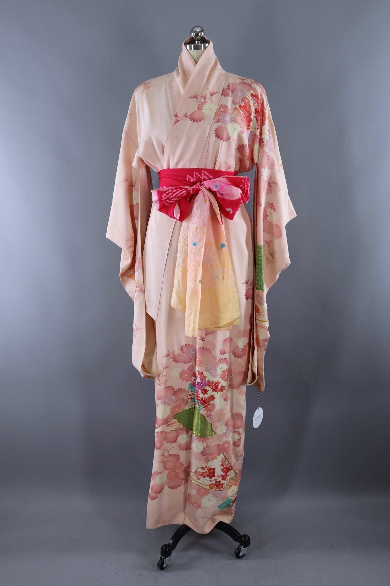 Vintage Silk Kimono Robe / Pink and Green Floral - ThisBlueBird