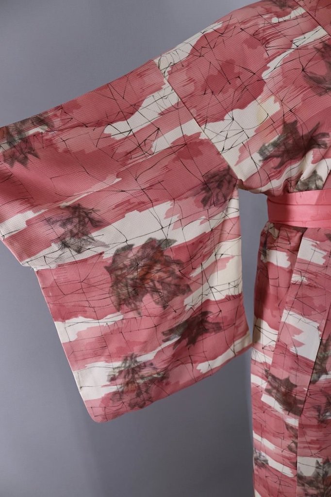 Vintage Silk Kimono Robe / Pink and Grey Leaf - ThisBlueBird