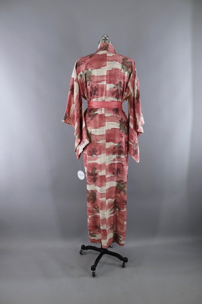 Vintage Silk Kimono Robe / Pink and Grey Leaf - ThisBlueBird