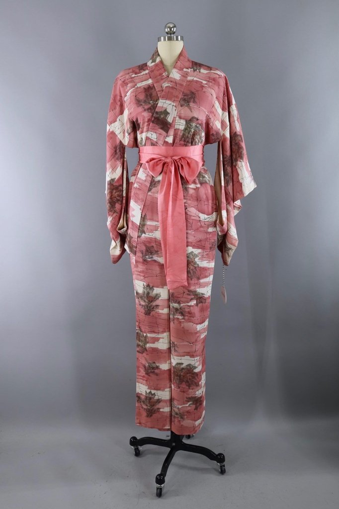 Vintage Silk Kimono Robe / Pink and Grey Leaf – ThisBlueBird