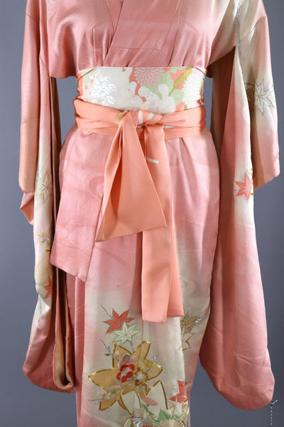 Vintage Silk Kimono Robe / Pink and White Embroidered Floral Ombre - ThisBlueBird