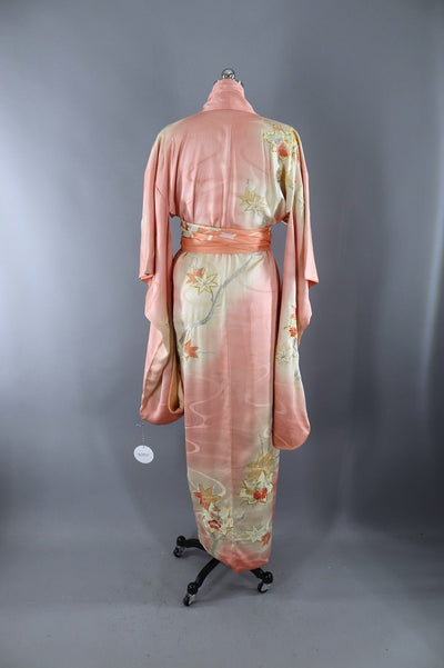 Vintage Silk Kimono Robe / Pink and White Embroidered Floral Ombre - ThisBlueBird