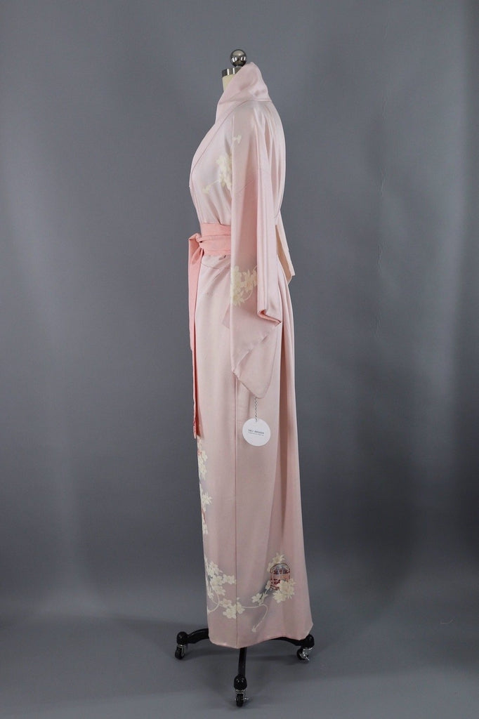 Vintage Silk Kimono Robe / Pink and White Floral-ThisBlueBird - Modern Vintage