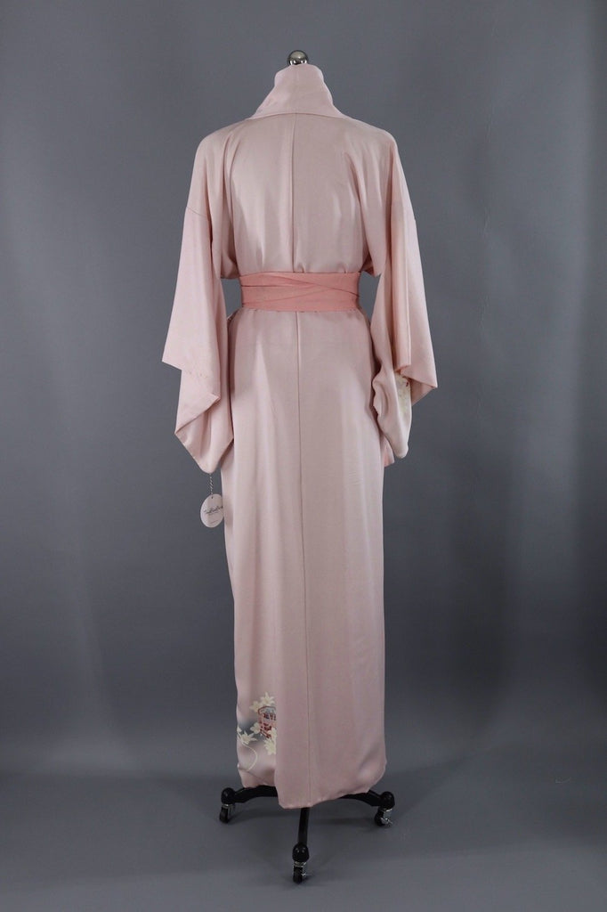 Vintage Silk Kimono Robe / Pink and White Floral-ThisBlueBird - Modern Vintage