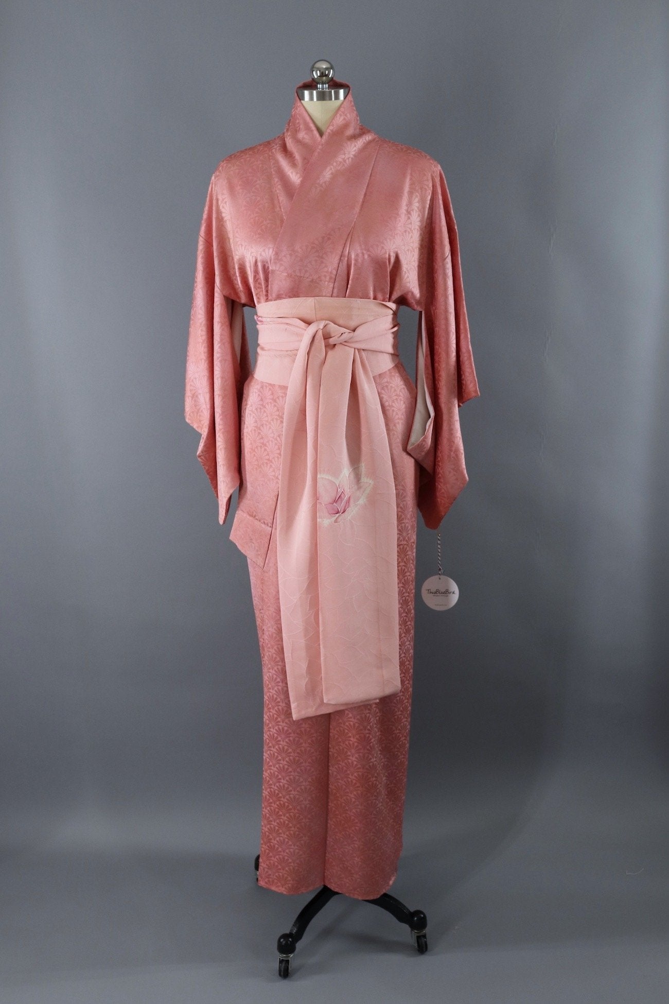 Vintage Silk Kimono Robe / Pink Daisy Satin-ThisBlueBird - Modern Vintage