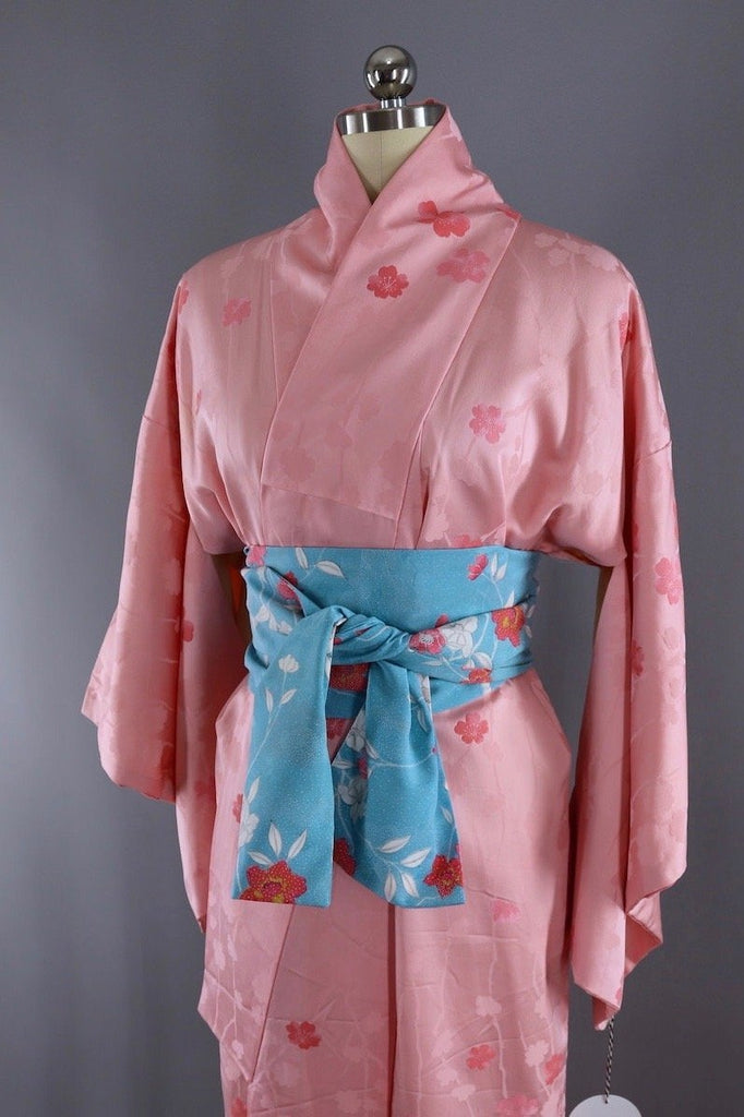Vintage Silk Kimono Robe / Pink Floral Print - ThisBlueBird