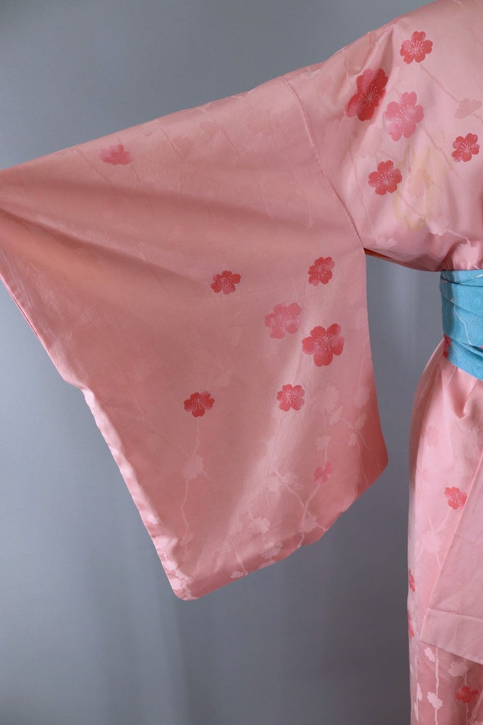 Vintage Silk Kimono Robe / Pink Floral Print - ThisBlueBird