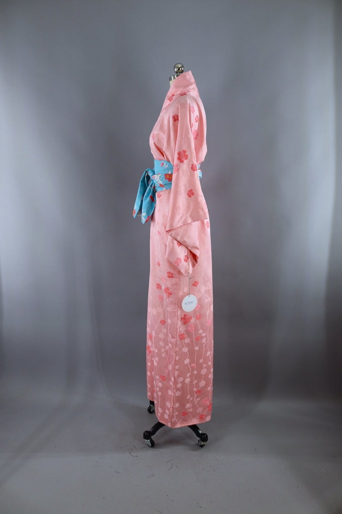 Vintage Silk Kimono Robe / Pink Floral Print - ThisBlueBird