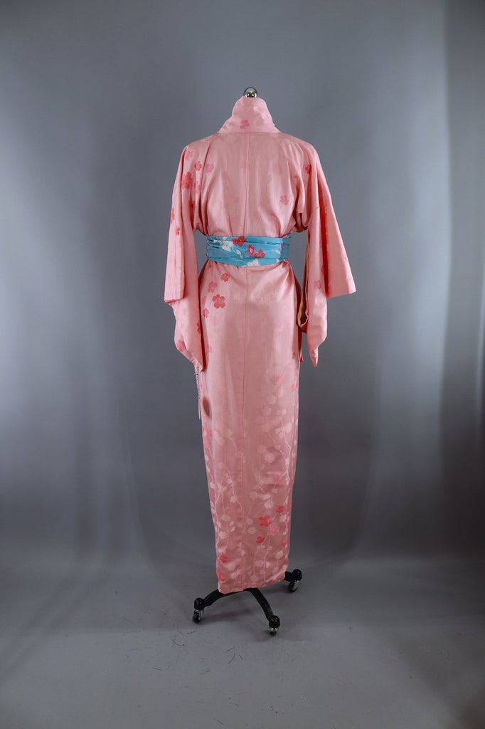 Vintage Silk Kimono Robe / Pink Floral Print - ThisBlueBird