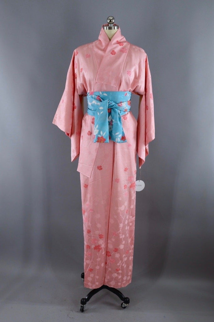 Vintage Silk Kimono Robe / Pink Floral Print - ThisBlueBird