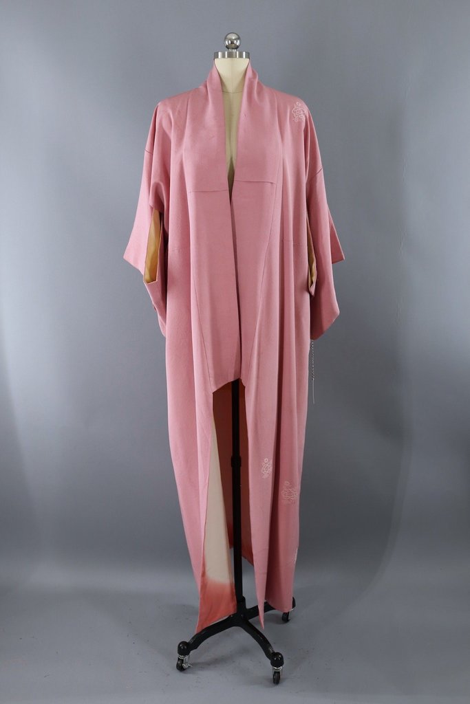 Vintage Silk Kimono Robe / Pink French Knot Floral-ThisBlueBird - Modern Vintage