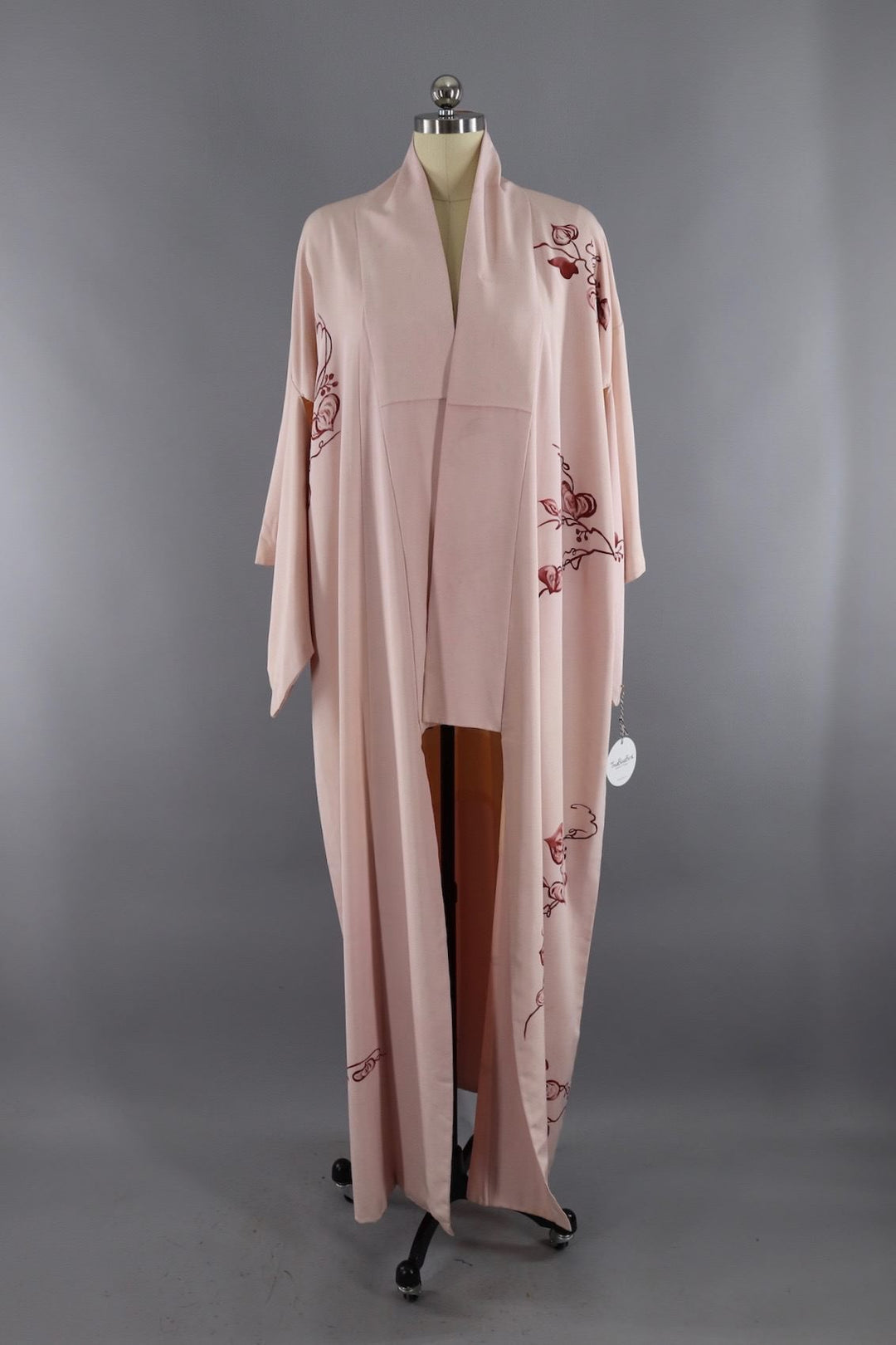 Vintage Silk Kimono Robe / Pink &amp; Red Floral Vines - ThisBlueBird