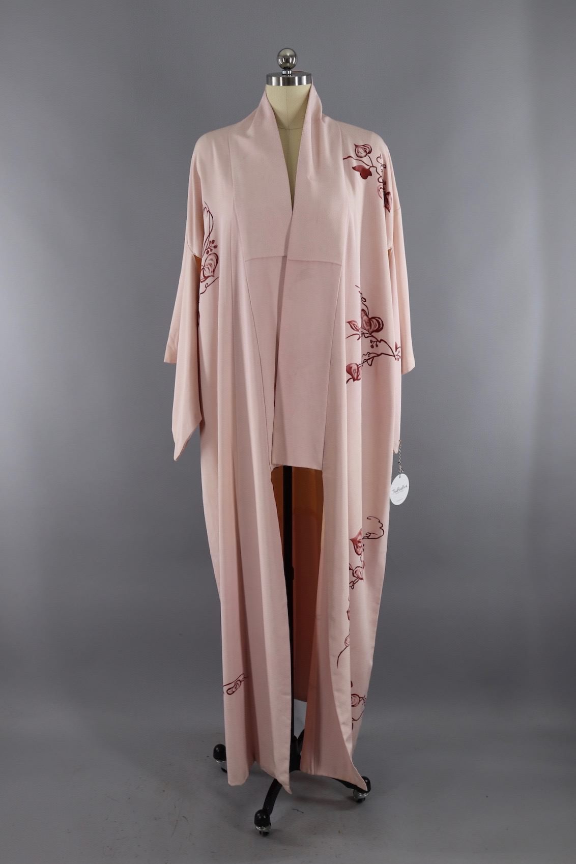 Vintage Silk Kimono Robe / Pink & Red Floral Vines - ThisBlueBird