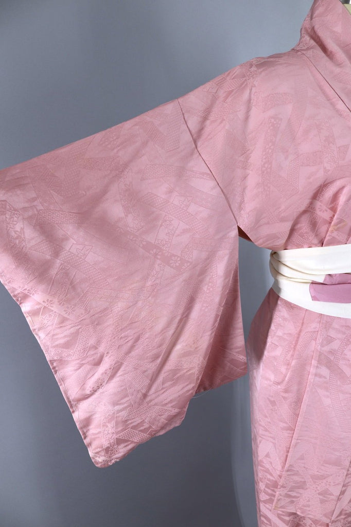 Vintage Silk Kimono Robe / Pink Ribbons - ThisBlueBird