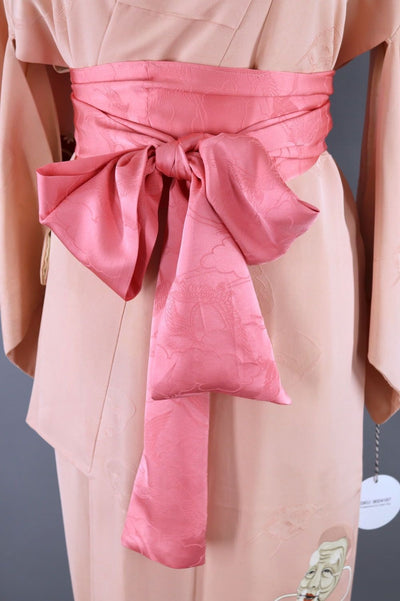 Vintage Silk Kimono Robe / Pink Theatrical Masks - ThisBlueBird