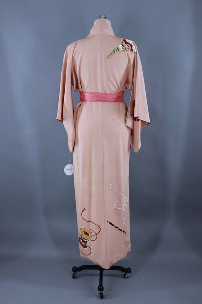 Vintage Silk Kimono Robe / Pink Theatrical Masks - ThisBlueBird
