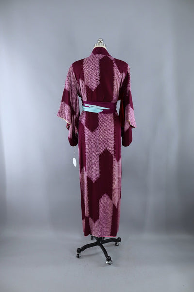 Vintage Silk Kimono Robe / Purple and White Shibori - ThisBlueBird