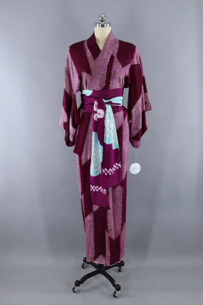 Vintage Silk Kimono Robe / Purple and White Shibori - ThisBlueBird