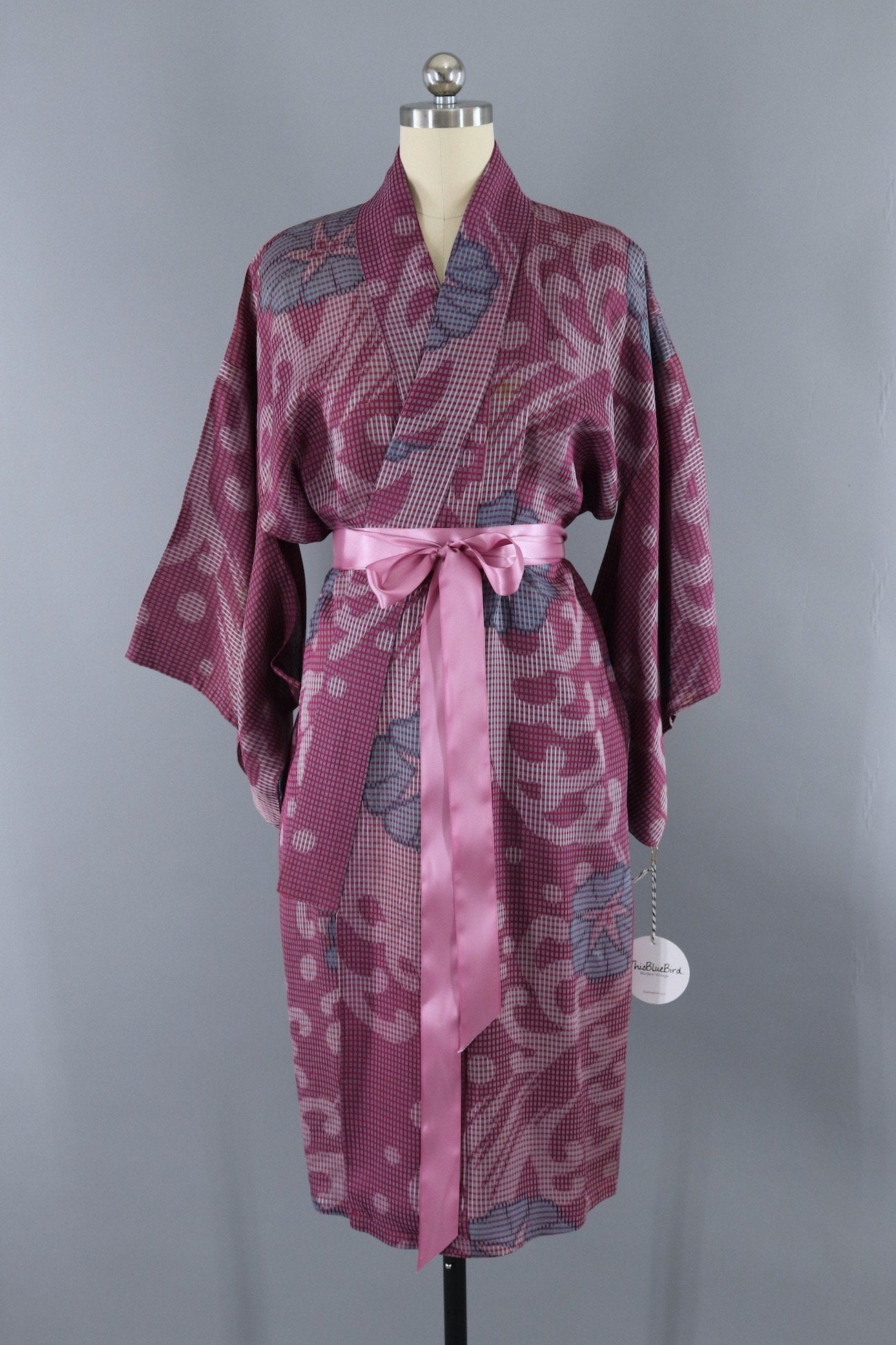 Vintage Silk Kimono Robe / Purple & Blue Floral-ThisBlueBird - Modern Vintage