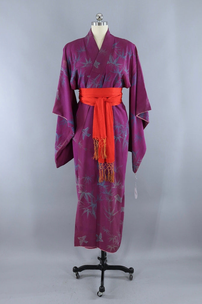 Vintage Silk Kimono Robe / Purple Bluebirds - ThisBlueBird