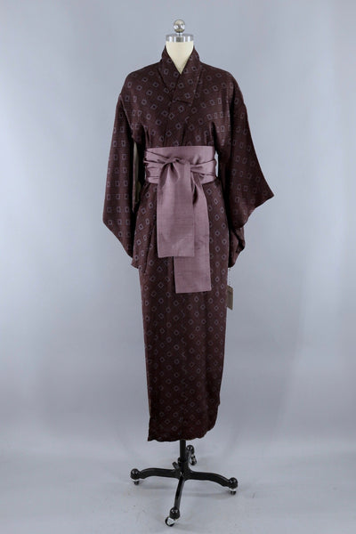 Vintage Silk Kimono Robe / Purple Brown Tiny Dots - ThisBlueBird