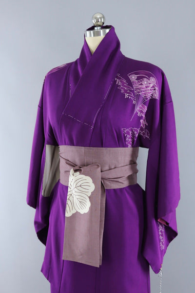 Vintage Silk Kimono Robe / Purple Fans and Pagodas - ThisBlueBird