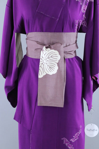 Vintage Silk Kimono Robe / Purple Fans and Pagodas - ThisBlueBird