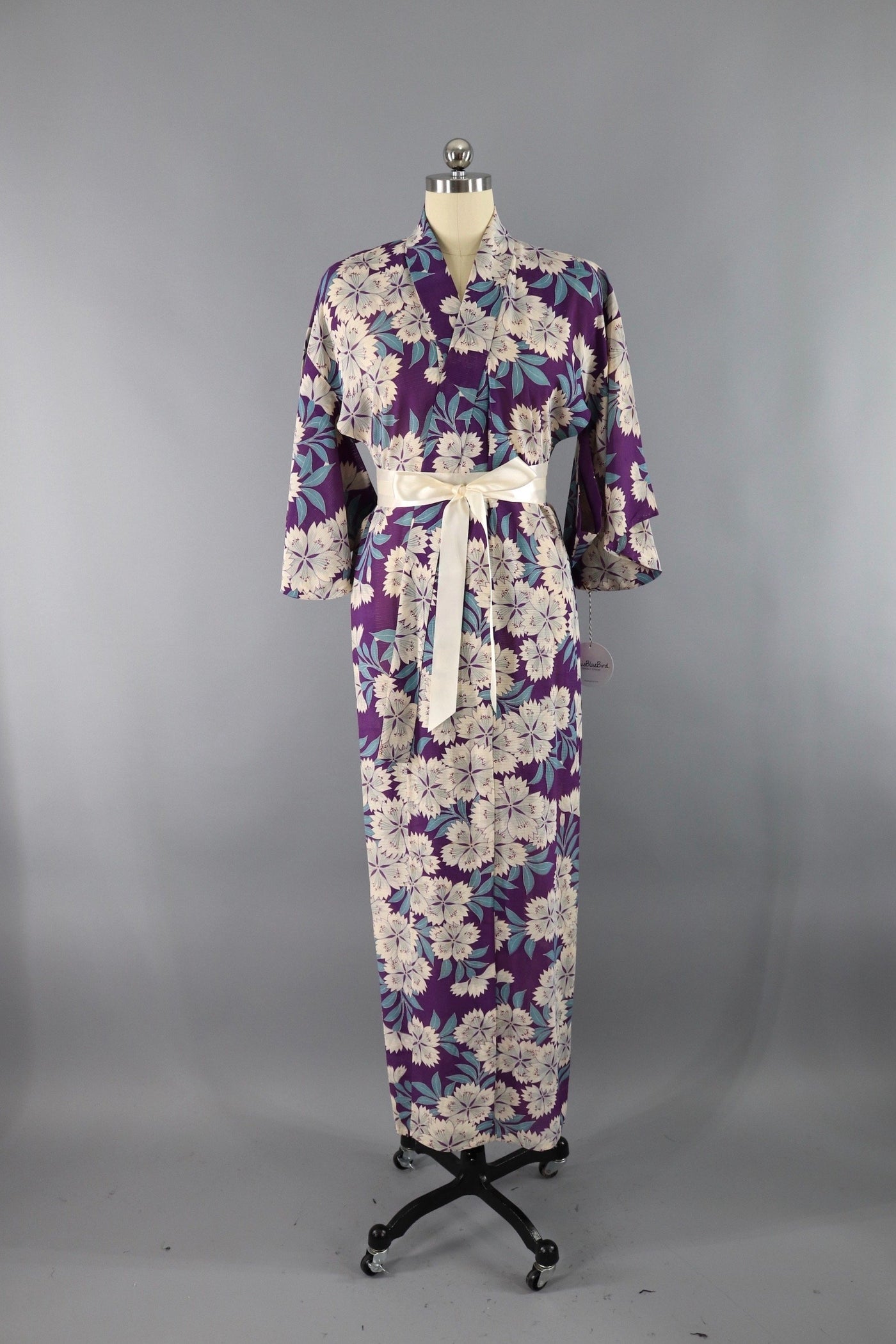 Vintage Silk Kimono Robe - Purple Floral Print - ThisBlueBird