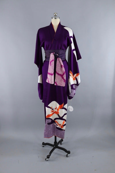 Vintage Silk Kimono Robe / Purple Flying Cranes - ThisBlueBird